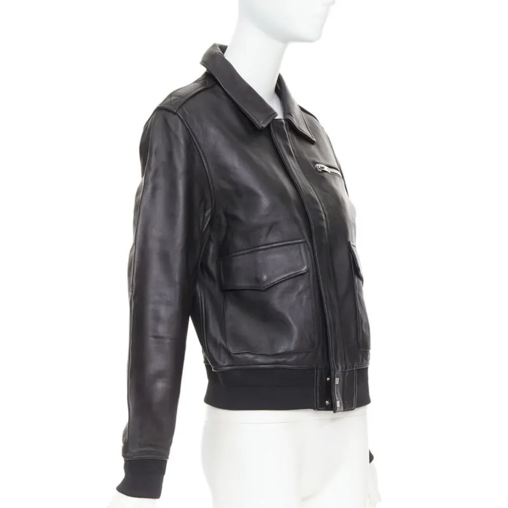 SAINT LAURENT 2020 black sheepskin leather pocketed flight jacket L - Picture 4 of 10